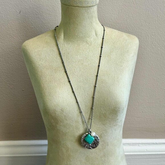 Lia Sophia Poplar Turquoise and Pearl Silver-Toned Necklace - Picture 2 of 3